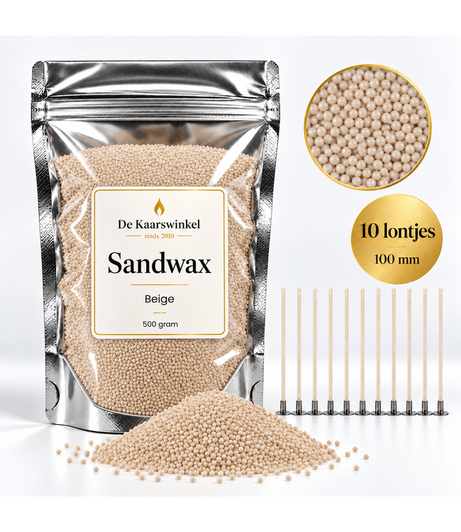 Sandwax Beige 500 gram – Natuurlijk Kaarsenzand voor Zelf Kaarsen Maken inclusief 10 Lontjes van 100 mm