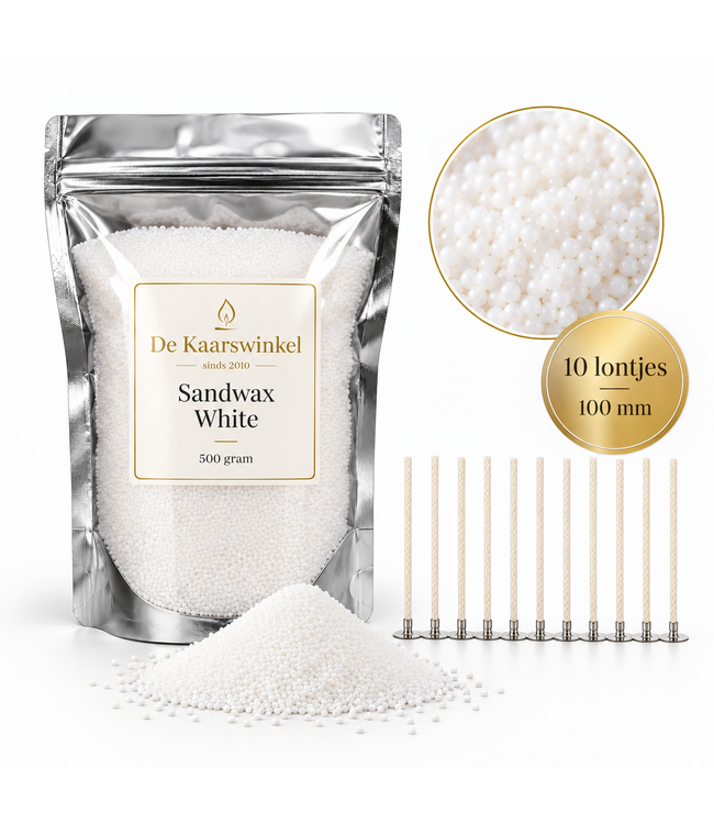 Sandwax White 500 gram – Natuurlijk Kaarsenzand voor Zelf Kaarsen Maken inclusief 10 Lontjes van 100 mm