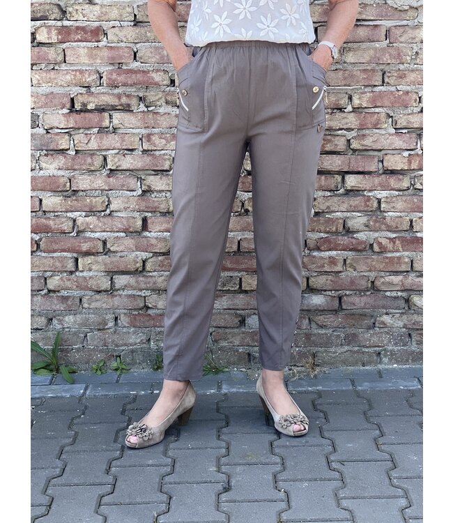 Dames lange stretch broek met knopen en elastische taille voor senioren - CherryBerry