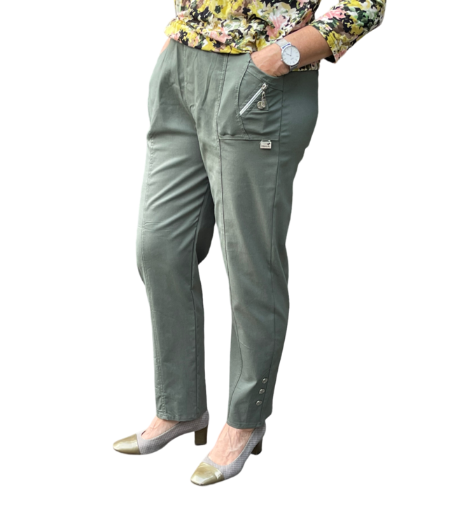 Stretch broek dames knopen met elastische tailleband - CherryBerry