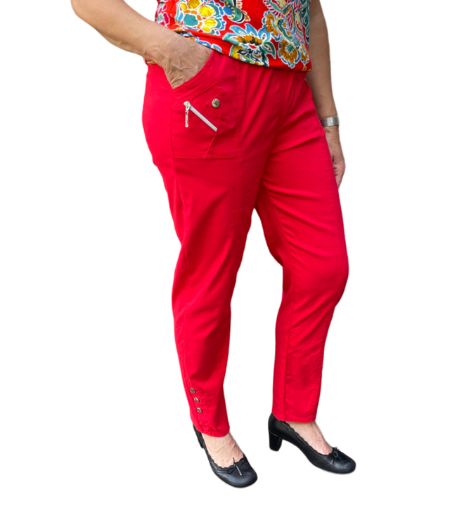 Dames lange stretch broek met knopen en elastische taille voor senioren - CherryBerry