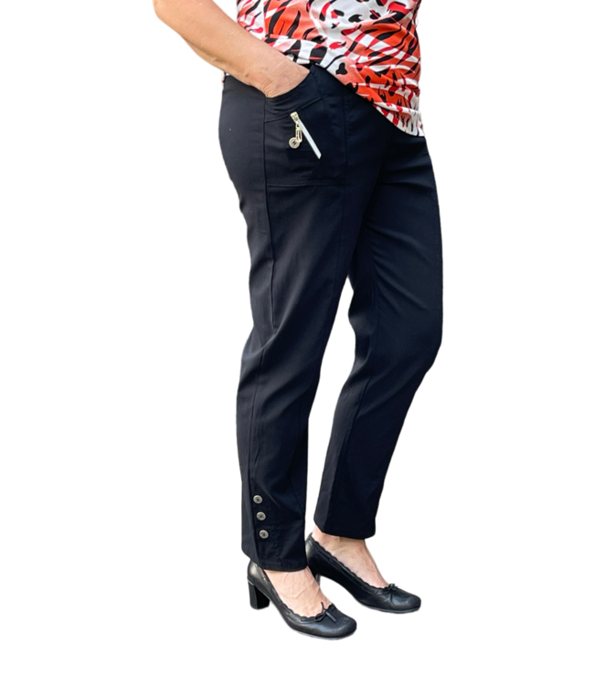 Stretch broek dames knopen met elastische tailleband - CherryBerry