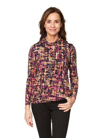 Signature blouson blokprint met hangcol fuchsia