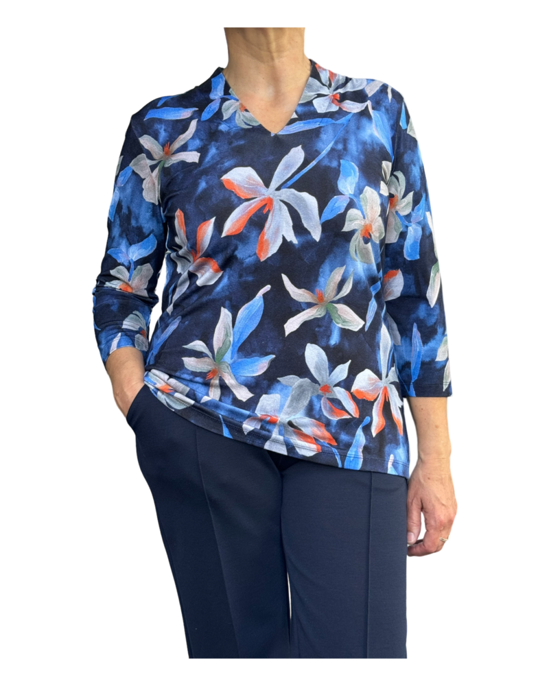 Gabriella K. shirt v-hals bloemenprint marine