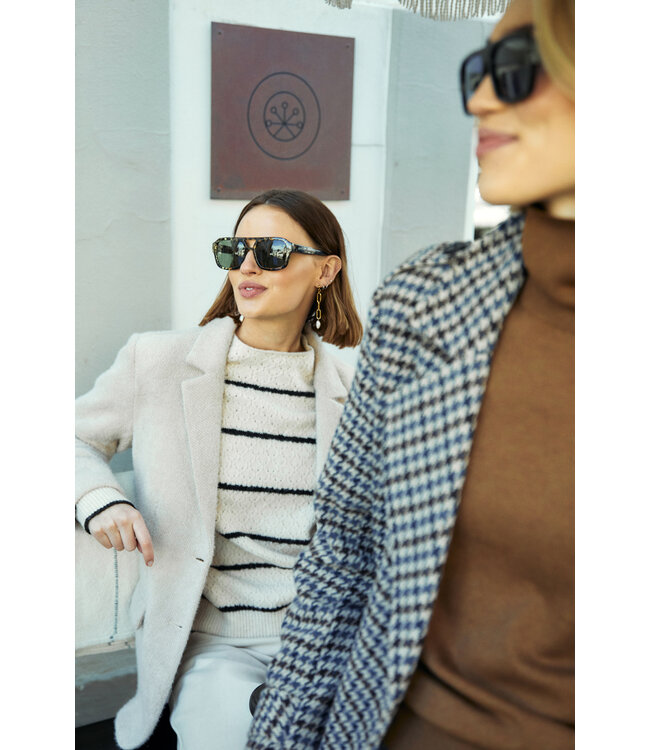 chique dames mantel "Peppy" pied- du- poule taupe- blauw 10% wol