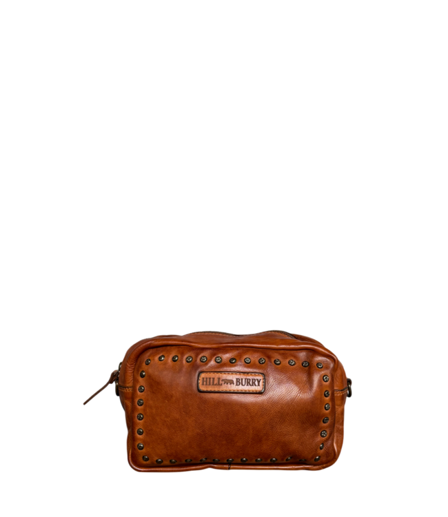 compacte schoudertas met studs cognac