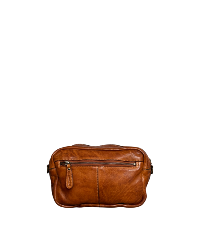 compacte schoudertas met studs cognac