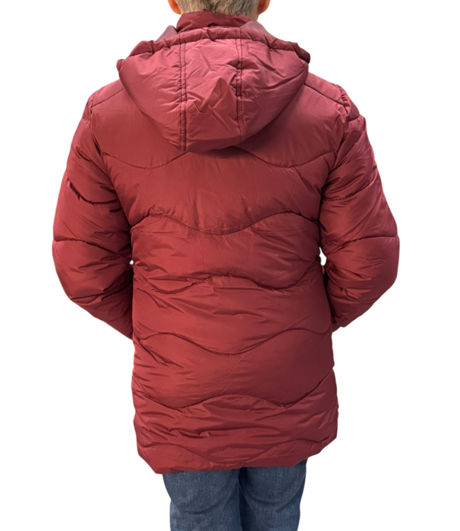winterjas met patroon en capuchon wijnrood