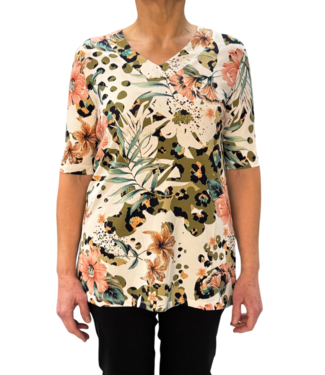 Marinello lang dames t- shirt nature v-hals khaki Marinello