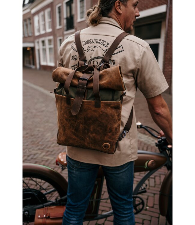 leren rolltop rugzak / laptoptas groot hipster serie canvas 15.6 inch