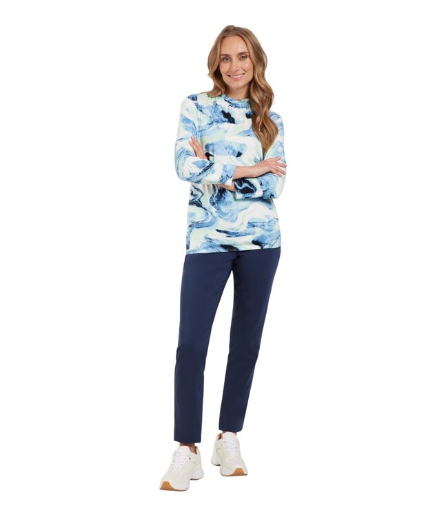 dames blouson shirt marmer print met ruches blauw