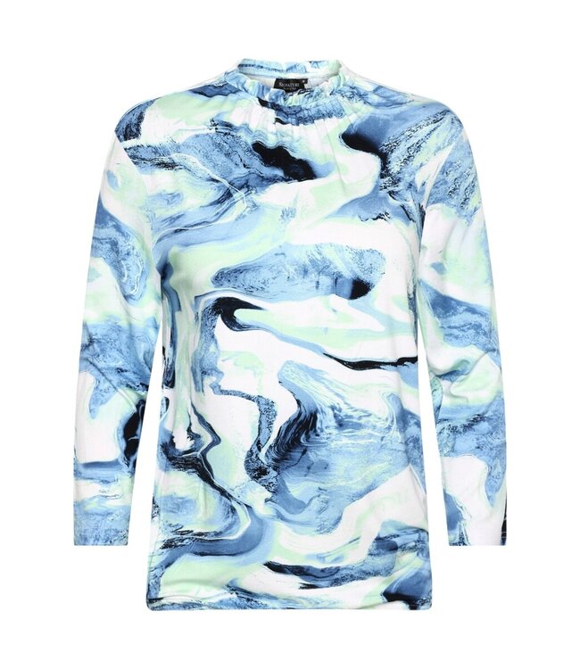 dames blouson shirt marmer print met ruches blauw