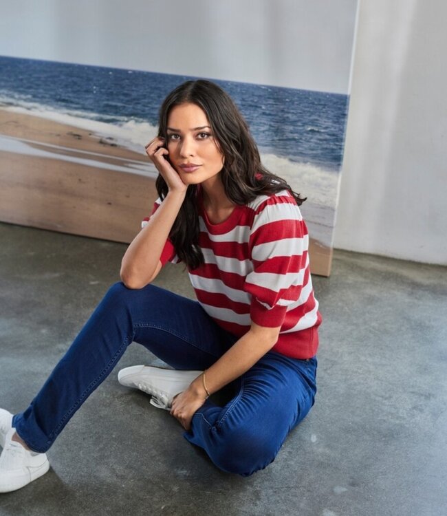 gestreepte dames pullover pof- mouwtje rood- wit