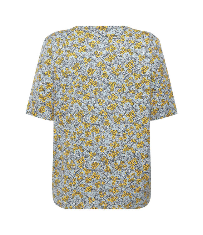 dames t-shirt bloemenprint 100% katoen blauw-geel