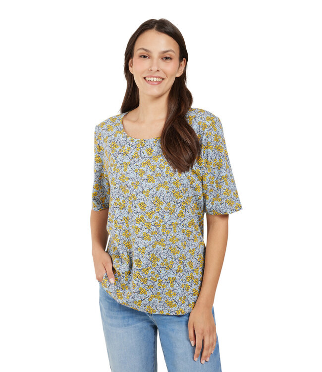 dames t-shirt bloemenprint 100% katoen blauw-geel
