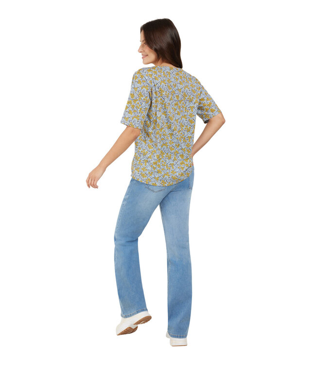 dames t-shirt bloemenprint 100% katoen blauw-geel