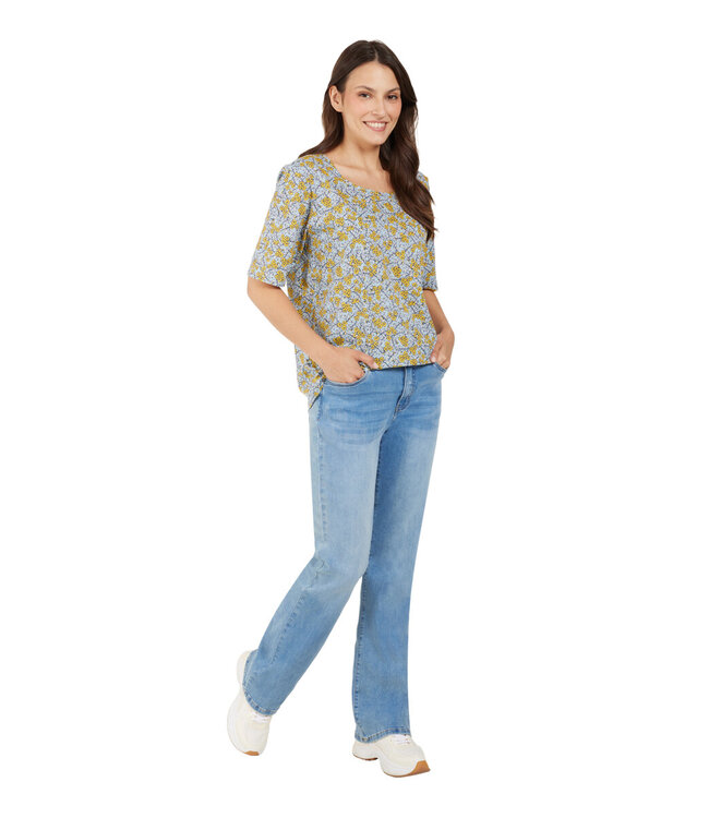 dames t-shirt bloemenprint 100% katoen blauw-geel