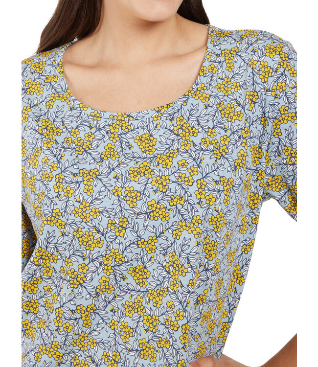 dames t-shirt bloemenprint 100% katoen blauw-geel