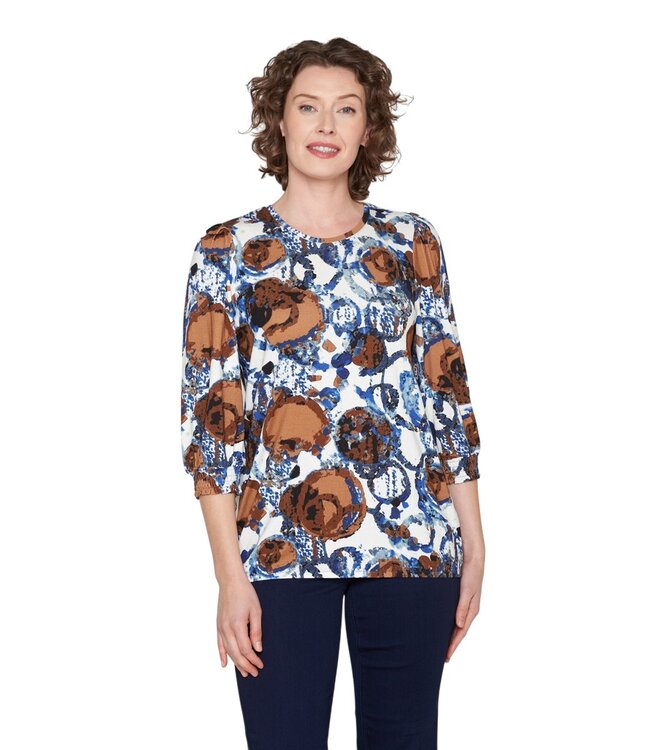 dames blouson cirkel patroon blauw- tabak 7/8 mouw