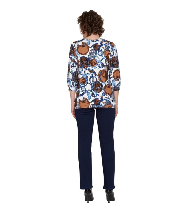 dames blouson cirkel patroon blauw- tabak 7/8 mouw