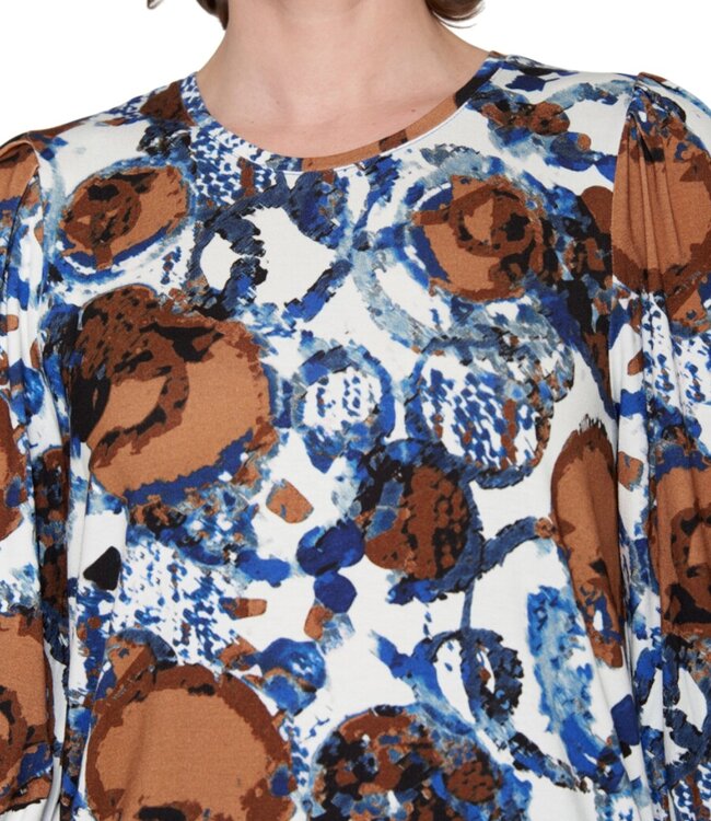 dames blouson cirkel patroon blauw- tabak 7/8 mouw