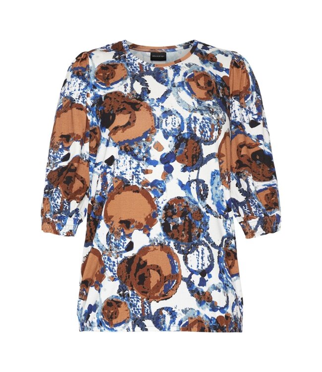dames blouson cirkel patroon blauw- tabak 7/8 mouw