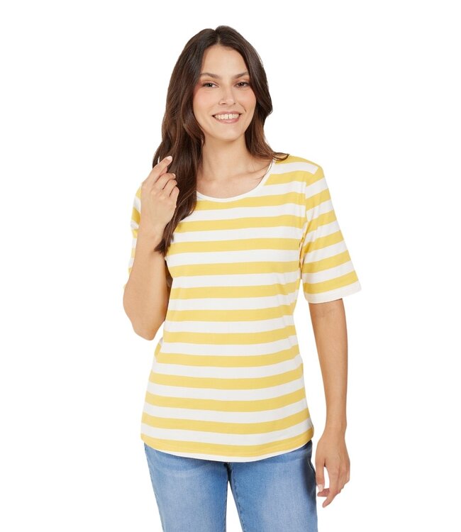 dames t-shirt streep korte mouw geel-wit