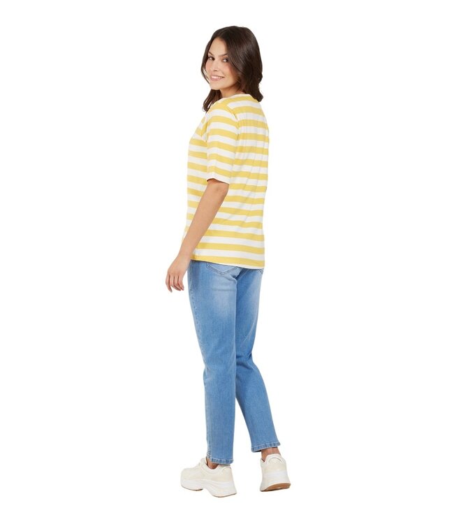 dames t-shirt streep korte mouw geel-wit