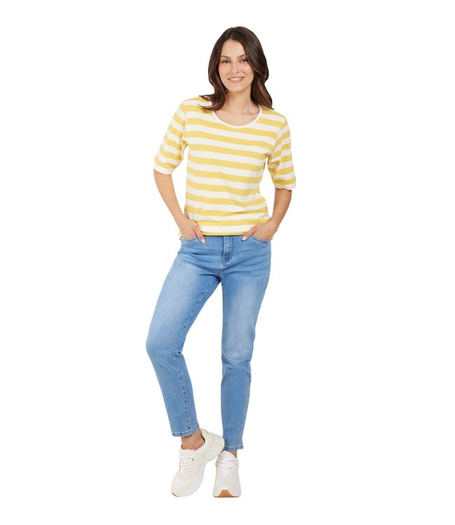 dames t-shirt streep korte mouw geel-wit