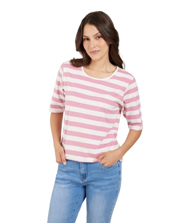dames t-shirt streep korte mouw roze-wit