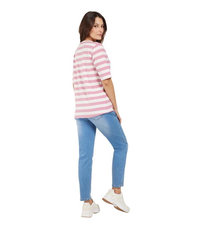 dames t-shirt streep korte mouw roze-wit