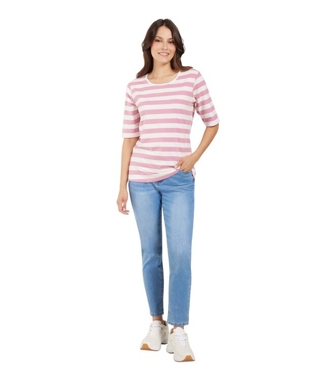 dames t-shirt streep korte mouw roze-wit