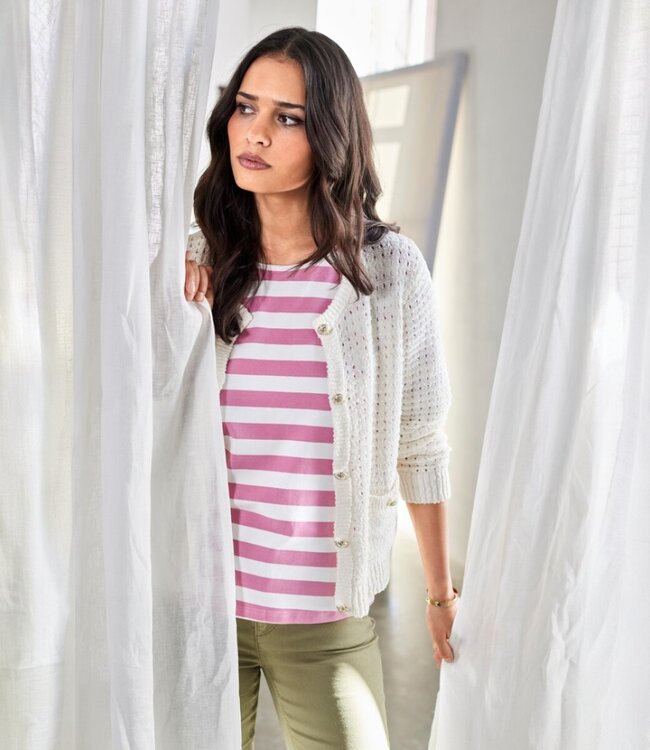 dames t-shirt streep korte mouw roze-wit