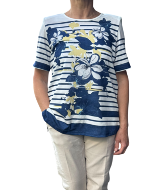 BLAUW t- shirt met streep en bloemetjes print blauw