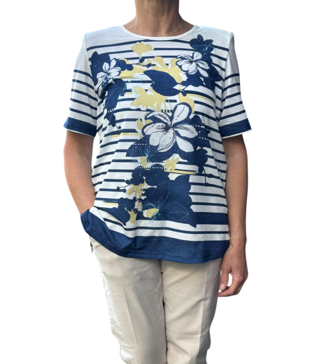t- shirt met streep en bloemetjes print blauw