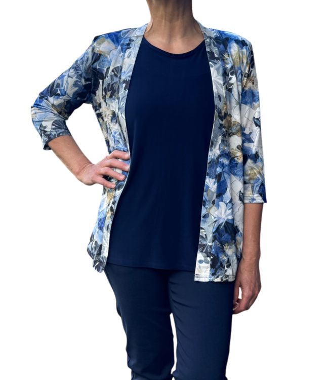 twinset (vest met topje) grafische bloemenprint blauw