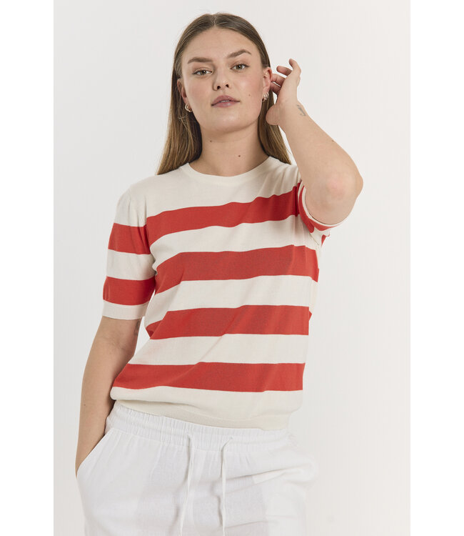 dames pullover korte mouw met streep rood- wit Pixie