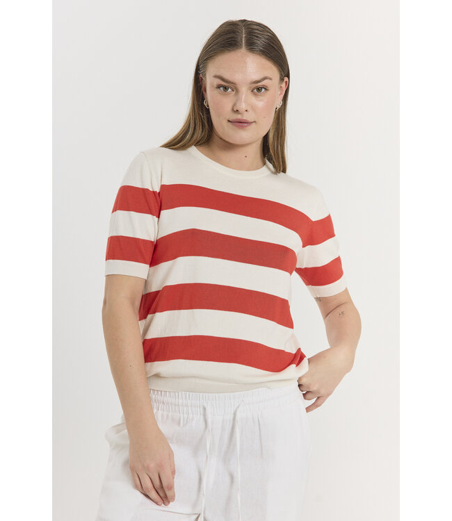 dames pullover korte mouw met streep rood- wit Pixie