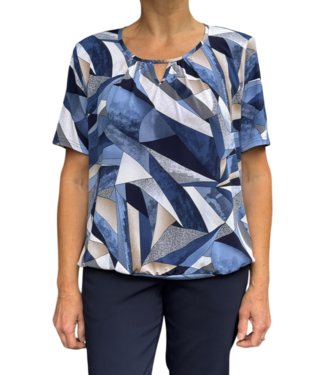 BLAUW blouson met boord blokprint blauw