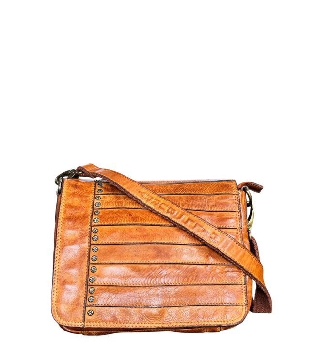 leren schoudertas dames overslag met accenten cognac