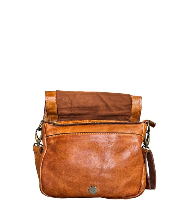 leren schoudertas dames overslag met accenten cognac