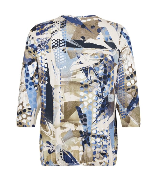 dames blouson shirt elastiek print blauw- beige