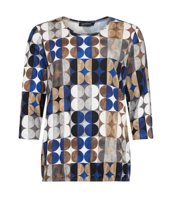 dames blouson shirt elastiek retro print bruin- blauw