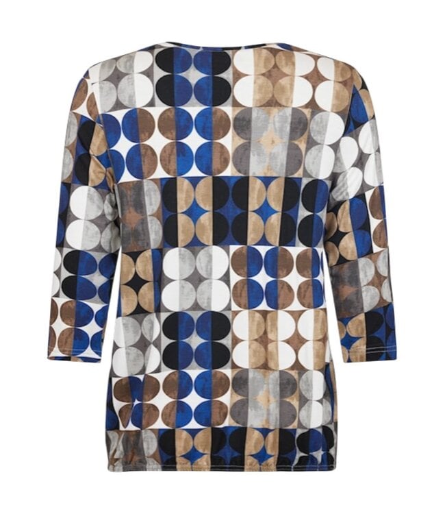 dames blouson shirt elastiek retro print bruin- blauw