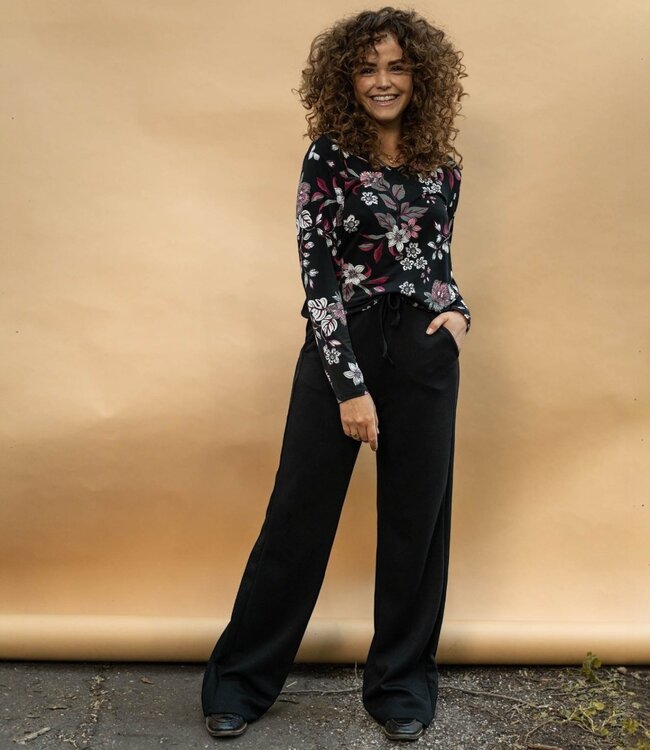 dames blouson t- shirt met lange mouw en v-hals "Bella" zwart