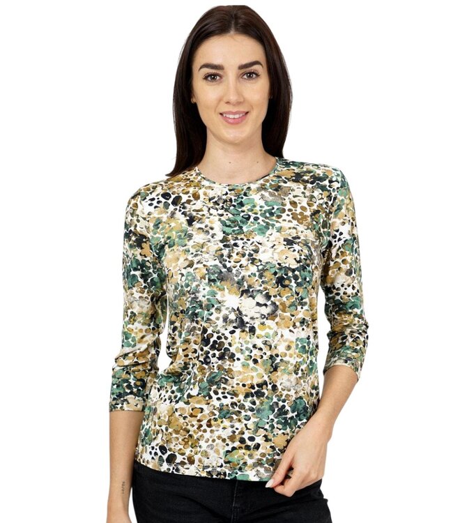 dames t- shirt panther khaki- groen Marinello 3/4 mouwlengte