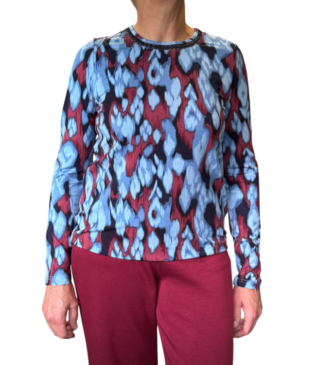 dames blouson shirt gevlamd blauw- rood