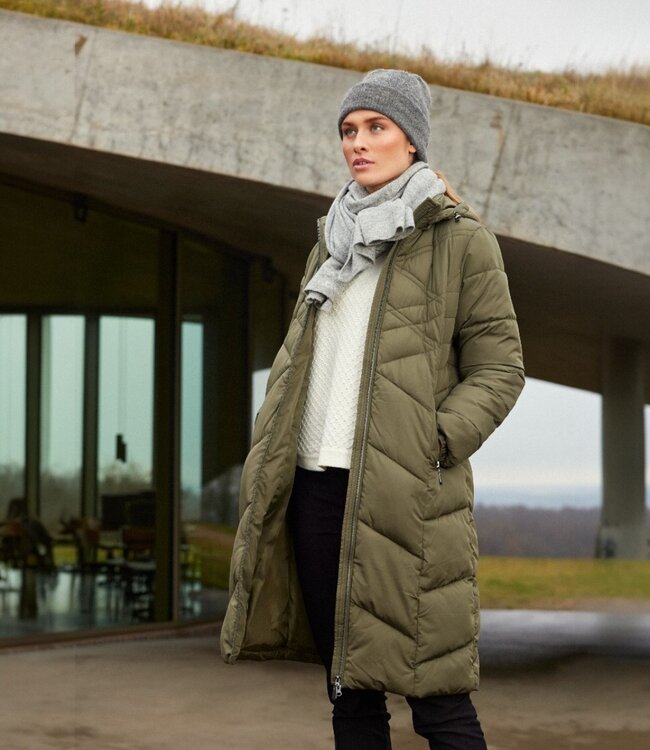 lange winterjas dames met capuchon en patroon khaki- groen Sunday