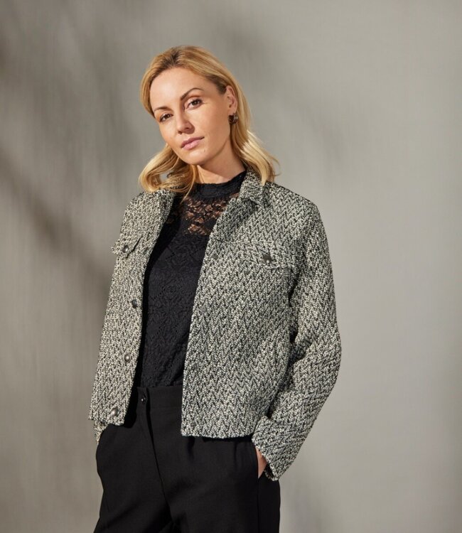 chique vest jasje met knopen en visgraat motief zwart- grijs