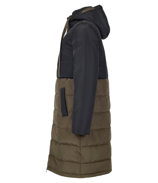 lange dames jas met dubbele ritssluiting zwart- taupe